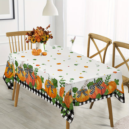 Autumn Harvest Thanksgiving Tablecloth with Buffalo Plaid & Pumpkin Design