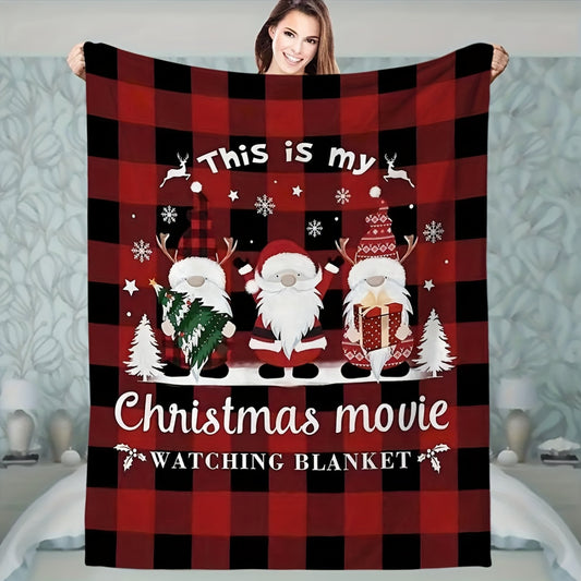 Contemporary Christmas Santa-Themed Flannel Throw Blanket – Stain-Resistant, All-Season with Geometric Digital Print