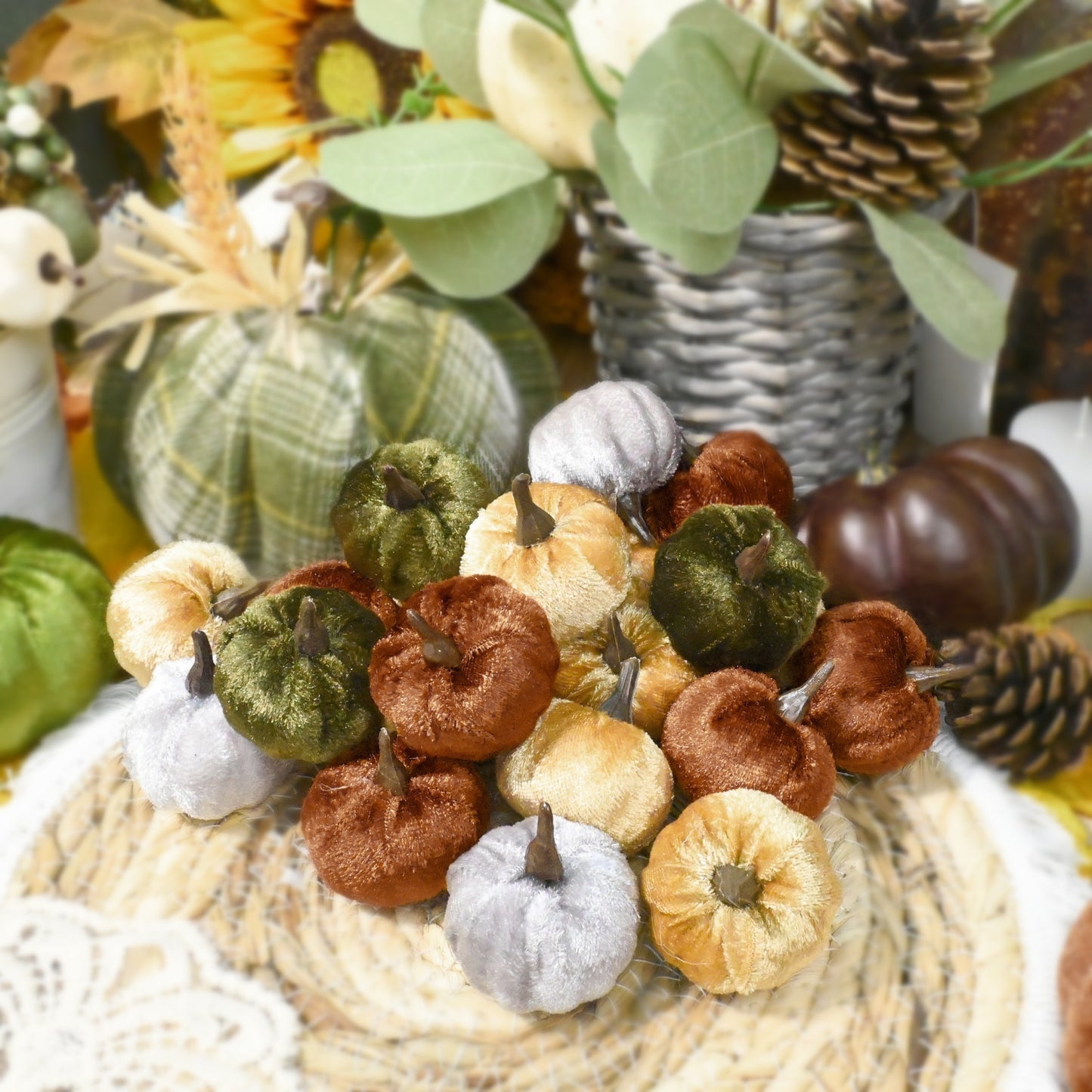 12-Piece Autumn Pumpkin Set with Wooden Containers – Rustic Velvet & Plastic Decor for Fall, Thanksgiving, and Halloween