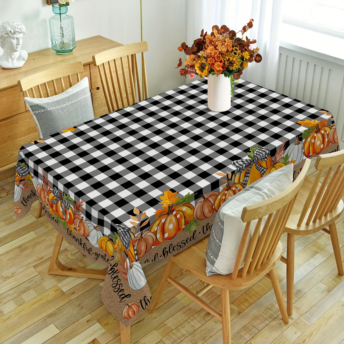 Autumn Thanksgiving Pumpkin & Plaid Black Tablecloth – PVC Coated Polyester