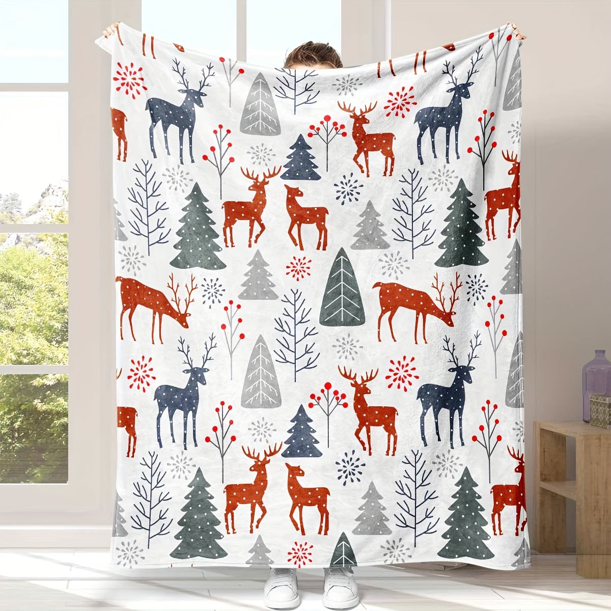 Christmas-Themed Deer Pattern Throw Blanket – Soft, Warm, and Cozy Blanket for Couch, Bed, Office, and Travel