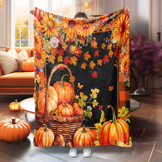 Flannel Thanksgiving Throw Blanket – Soft Polyester with Pumpkin, Sunflower & Maple Leaf Design