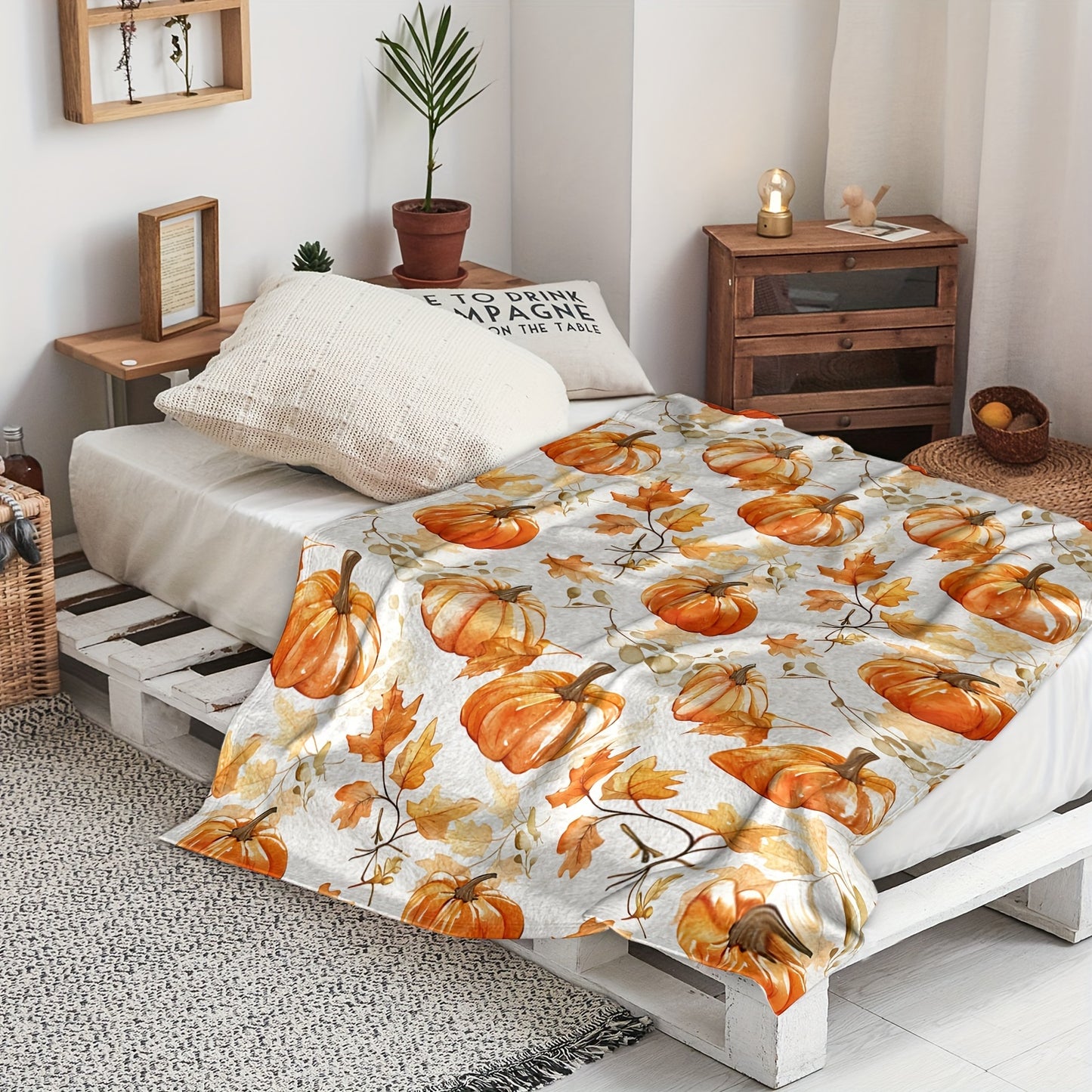 Cozy Flannel Thanksgiving Blanket – Rustic Pumpkin & Maple Leaf Design, Soft Fall Throw