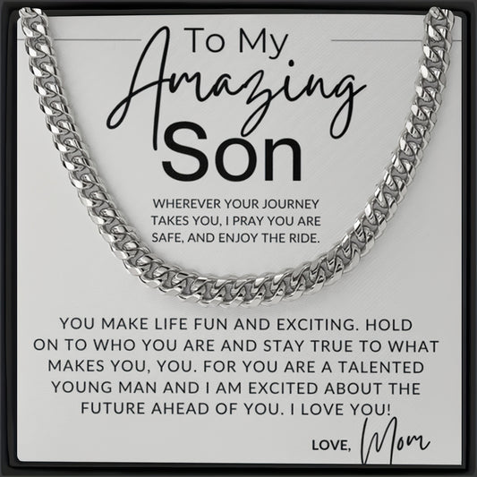 To my Son from Mom: Stylish Gray Stainless Steel Cuban Chain Pendant Necklace - Durable, Minimalist, and Versatile Accessory for Boys and Men - Perfect Gift Idea for Birthday, Anniversary, or Special Occasions