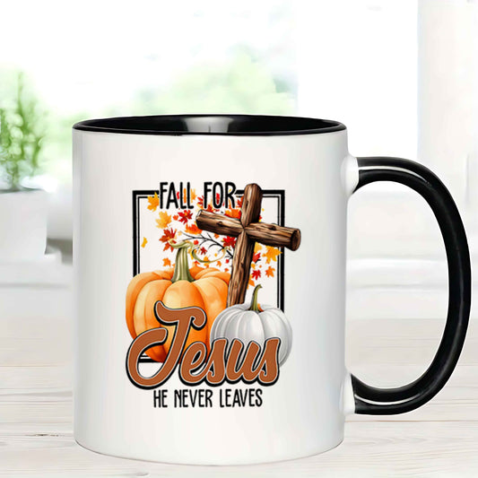 Funny Maple Leaf Pumpkin Cross Ceramic Mug – Fall For Jesus, He Never Leaves