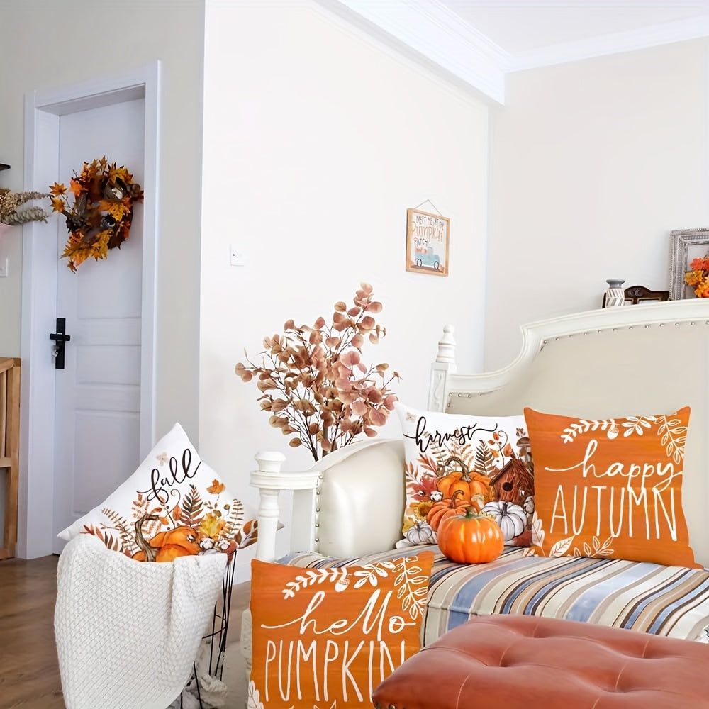 Autumn Charm 4PCS Throw Pillow Cover Set – "Hello Pumpkin" Design in Vibrant Orange, Perfect for Fall Decor