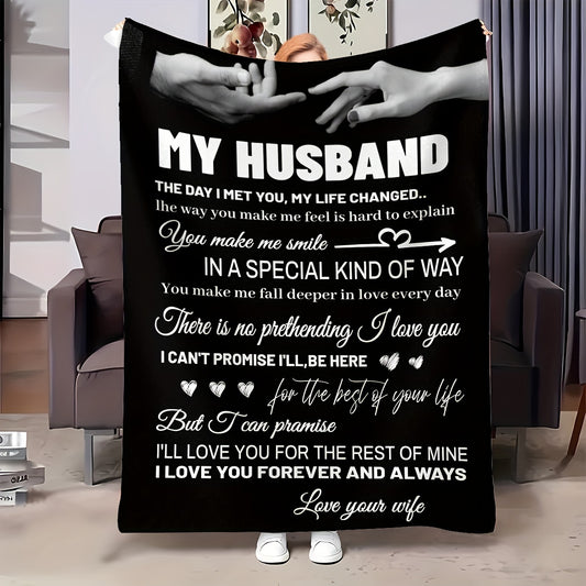 Contemporary Style Throw Blanket for Husband – All-Season Polyester Flannel with Woven Digital Print | Perfect Anniversary or Birthday Gift with 'Love Your Wife' Message