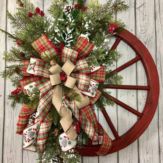 Christmas Wooden Wagon Wheel Wreath for Front Door - Pine & Berry Decorative Hanging Wreath with Bows