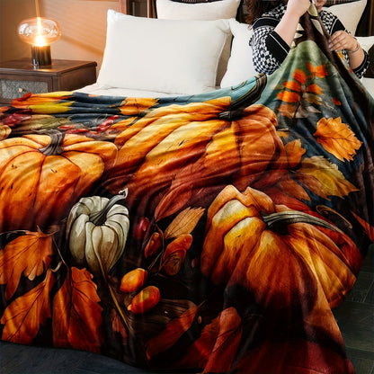 Thanksgiving Pumpkin & Maple Leaf Flannel Blanket – Cozy All-Season Throw for Home & Travel