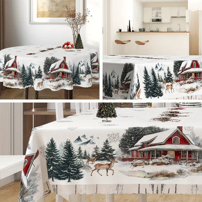 Christmas Cheer Tablecloth - Polyester Snowy Elk & Santa Design with Embossed Edge, Stain & Water Resistant for Holiday Dining, Parties, and Outdoor Picnics