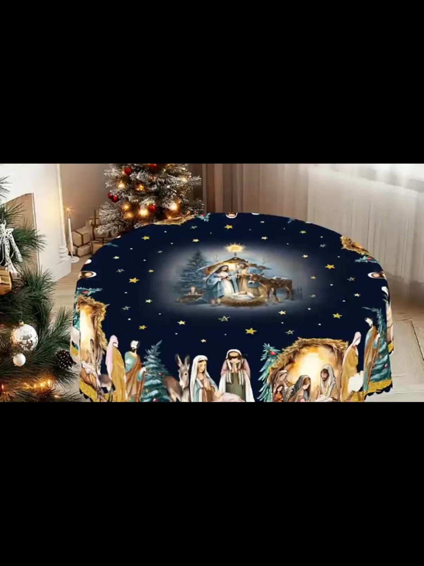 Christmas-Themed Tablecloth with Jesus Birth Scene - Durable Polyester, Embossed Edges, Perfect for Holiday Dining & Décor