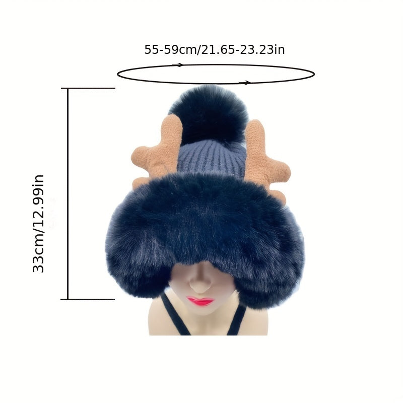 Cute Christmas Beanie with Pom - Classic Plush Ear Flap Hat with Reindeer Antlers - Thick Solid Color Knit for Cozy Winter Style