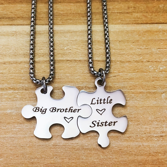 Brother & Sister Puzzle Necklace Set - Creative Sibling Gift with Bag Charm, Perfect for Christmas, Birthdays, and Special Occasions