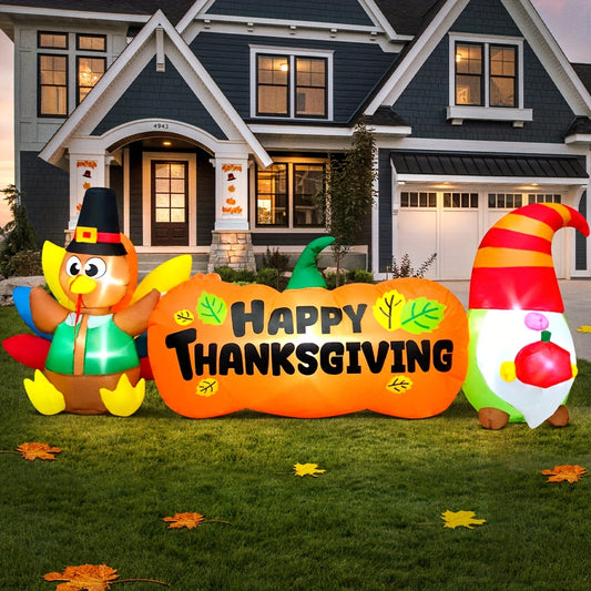 8ft Thanksgiving Inflatable Turkey Gnome with Pumpkin Banner - LED Lighted Yard Décor