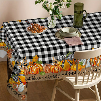 Autumn Thanksgiving Pumpkin & Plaid Black Tablecloth – PVC Coated Polyester