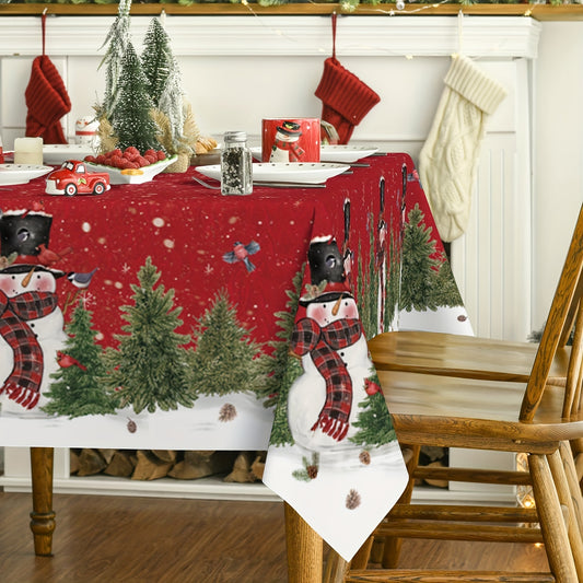 Merry Christmas Tablecloth - Snowman & Christmas Tree Pattern, Polyester Table Cover for Festive Holiday Dining & Home Decoration