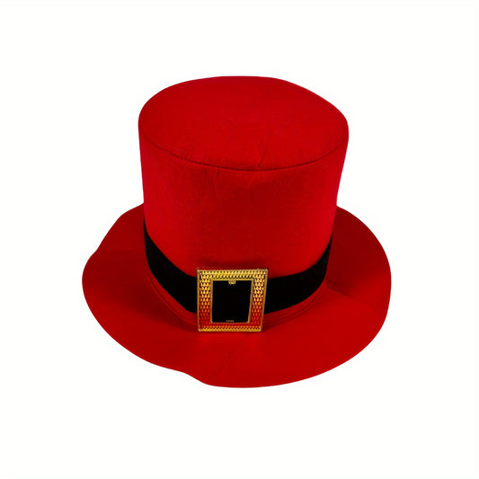 Festive Red Felt Top Hat with Black Accent Band and Golden Buckle - Perfect for Christmas, Halloween, Easter, Valentine’s Day, and More