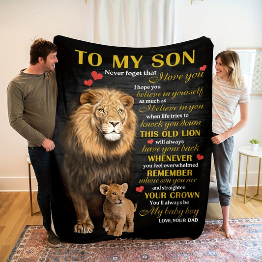 To My Son from Dad: Cozy Lion-Printed Flannel Blanket – Soft, Warm, Envelope-Style Throw for All Seasons | Perfect for Couch, Bed, Office, Travel, and Home Décor | Ideal Holiday Gift