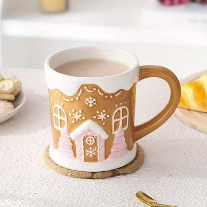 1pc Ceramic Christmas Mug - Cute Gingerbread House Design, Round Shape, Non-Slip, Reusable, Recyclable Material, for Coffee & Candy, Hand Wash Only, Perfect for Holiday Celebrations / Kitchen and Dining Use, Ideal for Christm