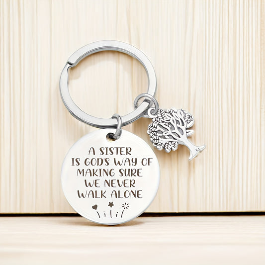 Sister Gift Keychain - Stainless Steel Round Keyring with Tree of Life Charm and Inspirational Quote