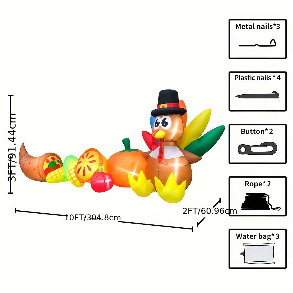 10ft Giant Inflatable Turkey with Pumpkin & Corn - LED Lighted Thanksgiving Yard Décor