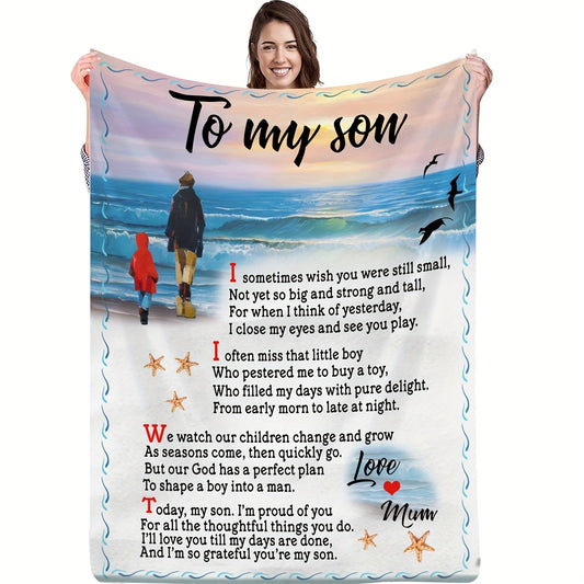 To My Son from Mom: Creative Text Letter Flannel Blanket – Soft, Multi-Purpose Blanket for Couch, Sofa, Office, Bed, Camping, and Travel | All-Season Gift