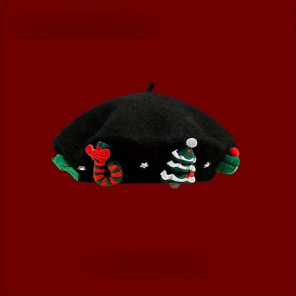 Christmas Red Beret Hat with 3D Christmas Tree Decoration - Festive Holiday Hat and Photo Prop