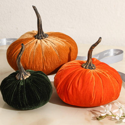 3-Piece Handcrafted Velvet Pumpkin Set – Elegant Fall Decor for Halloween, Thanksgiving, and Harvest Season