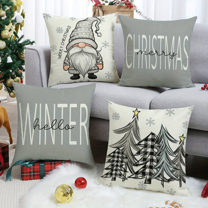 4-Piece Home Linen Christmas Throw Pillowcases – Rustic Gnome, Tree, and Gift Letter Designs for Farmhouse Decor