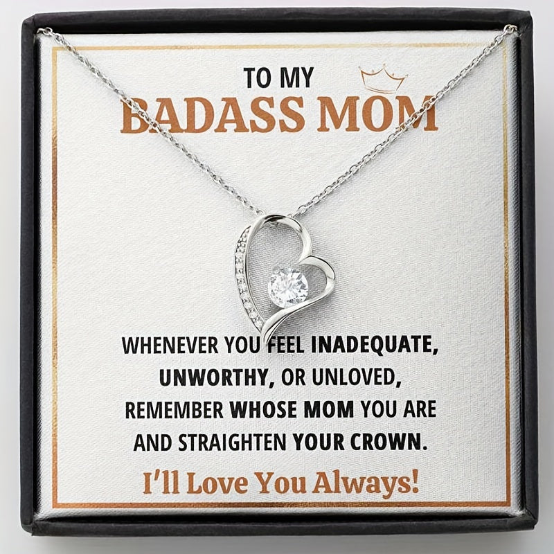 To my Badass Mom: Elegant Trendy Heart Cubic Zirconia Pendant Necklace Decorative Accessories Holiday Mother's Day Gift With Gift Card Box