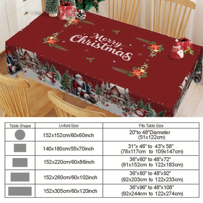 Christmas Holiday Tablecloth with Santa, Snowman, and Christmas Tree Design - Durable Polyester, Machine-Woven Rectangular Table Cover for Indoor & Outdoor Use