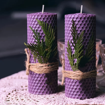 Beeswax Aromatherapy Candles Set of 4 - Hand-Rolled Pillar Candles with Honeycomb Texture, Dried Flowers Embellishment