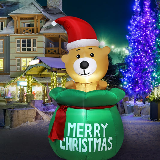 Santa Claus Themed Inflatable Bear in Gift Bag - Lighted Christmas Decoration for Indoor/Outdoor Use