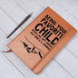 Someone Said Gift leather journal with funny journal prompts printed on cover and pen on wooden surface