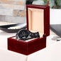 Gift Customizable Black Chronograph Watch with metal band displayed in a wooden gift box by Someone Said Gift