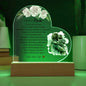 gift dear Mom Printed Heart Acrylic Plaque with heartfelt message and photo on wooden base illuminated in green light