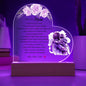 gift dear Mom Printed Heart Acrylic Plaque with heartfelt message and floral design lit with purple light