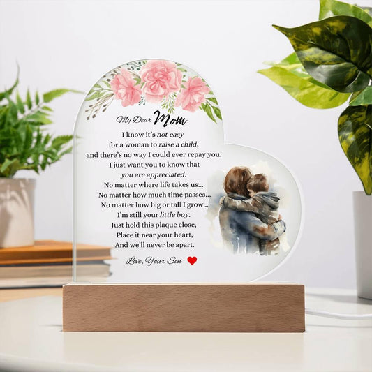 gift dear Mom Printed Heart Acrylic Plaque with floral design and sentimental son message on wooden base