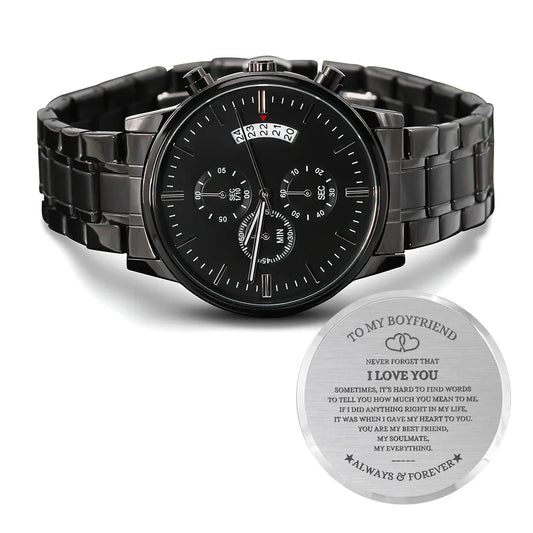 Gift for Boyfriend Chronograph Watch with black metal band and engraved heartfelt message on back
