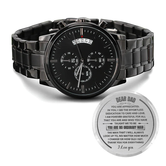 Gift for Dad Chronograph Watch by Someone Said Gift with black metal band and engraved message