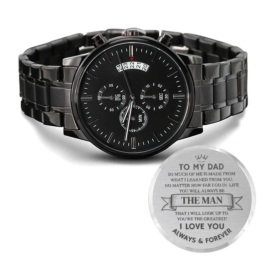 Gift for Dad Chronograph Watch by ShineOn Fulfillment with black stainless steel band and engraved message