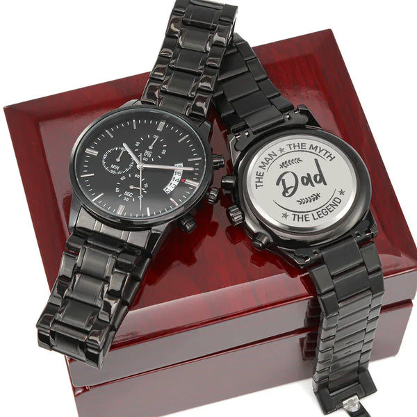 Gift for Dad Chronograph Watch in black metal with detailed face and engraved back displayed on wooden box