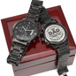 Gift for Dad Chronograph Watch with black metal band and engraved back on polished wooden box