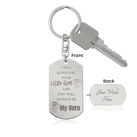 Gift for Dad Dog Tag Keychain with engraved front message and customizable back from Someone Said Gift