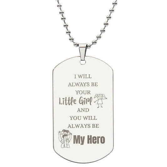 Gift for Dad Dog Tag Necklace with engraved sentimental message and illustrations on silver pendant