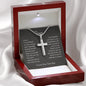 Gift for Dad Necklace with silver cross pendant in a wooden box and a sentimental message card
