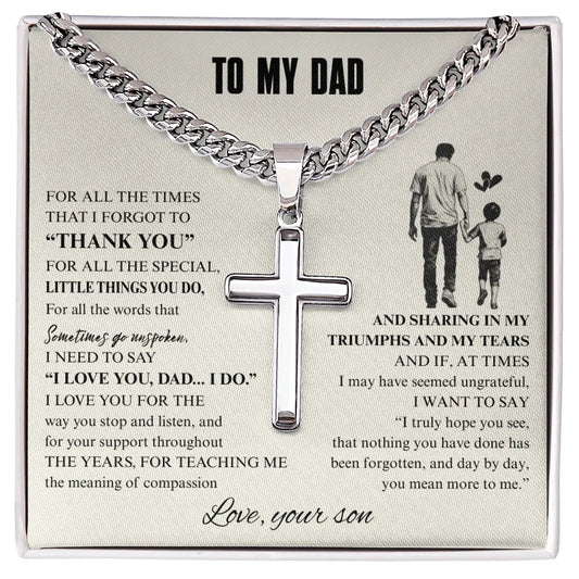 Gift for Dad Necklace with silver cross pendant on thick chain accompanied by sentimental message from son