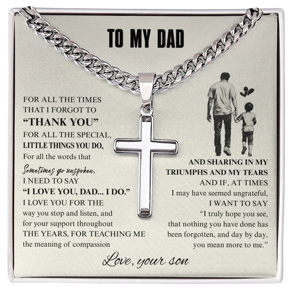 Gift for Dad Necklace with silver cross pendant on thick chain accompanied by sentimental message from son
