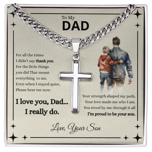 Gift for Dad Necklace with silver cross pendant on chain displayed with a sentimental message card