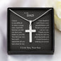 Gift for Dad Necklace silver cross pendant with heartfelt message from son in black gift box